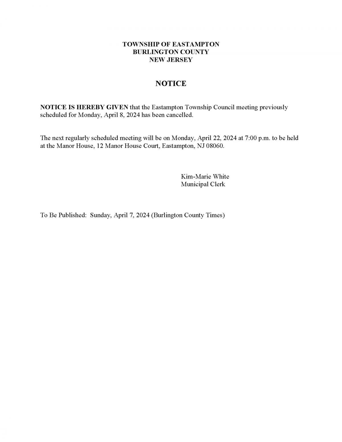 April 8, 2024 Township Council Meeting Cancelled Notice